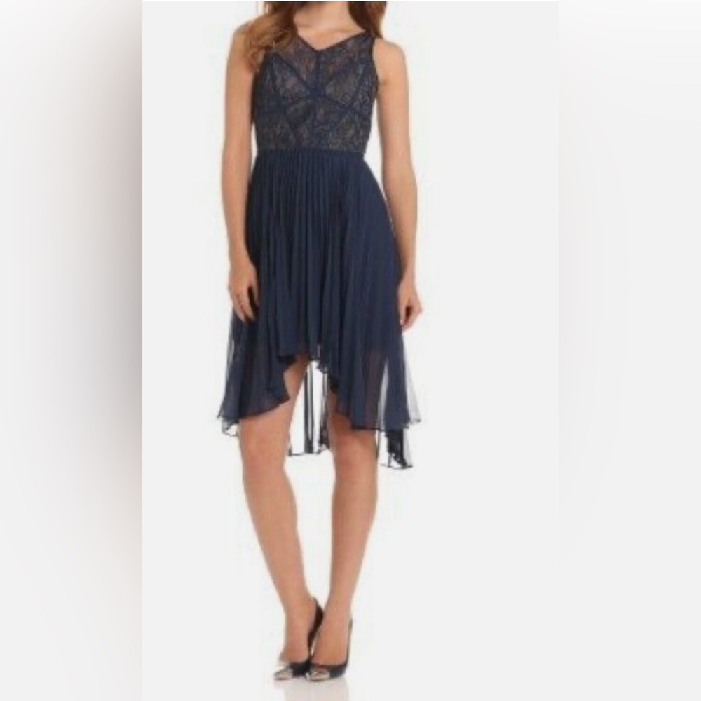 MAX AND CLEO BY BCBG HIGH LOW PLEATED CHIFFON DRESS
